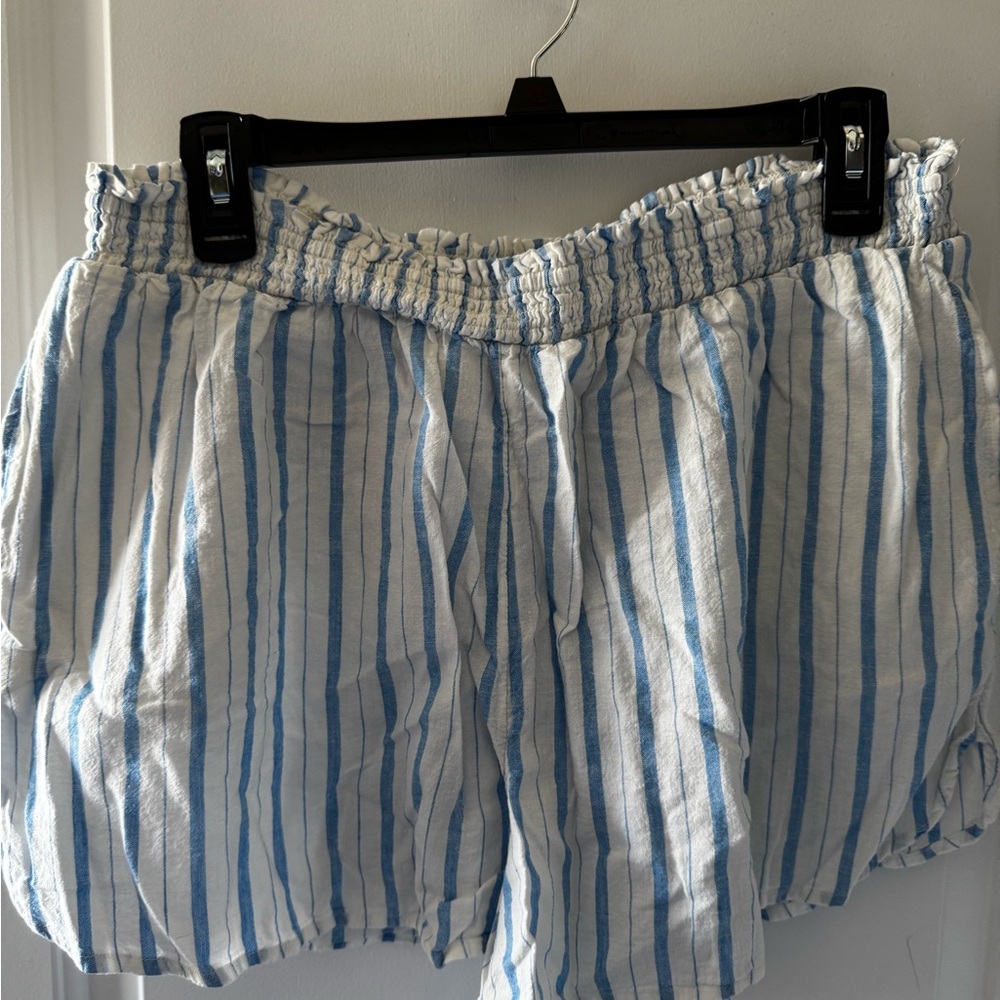 aerie White and Blue Vertical Stripe High Waist Shorts